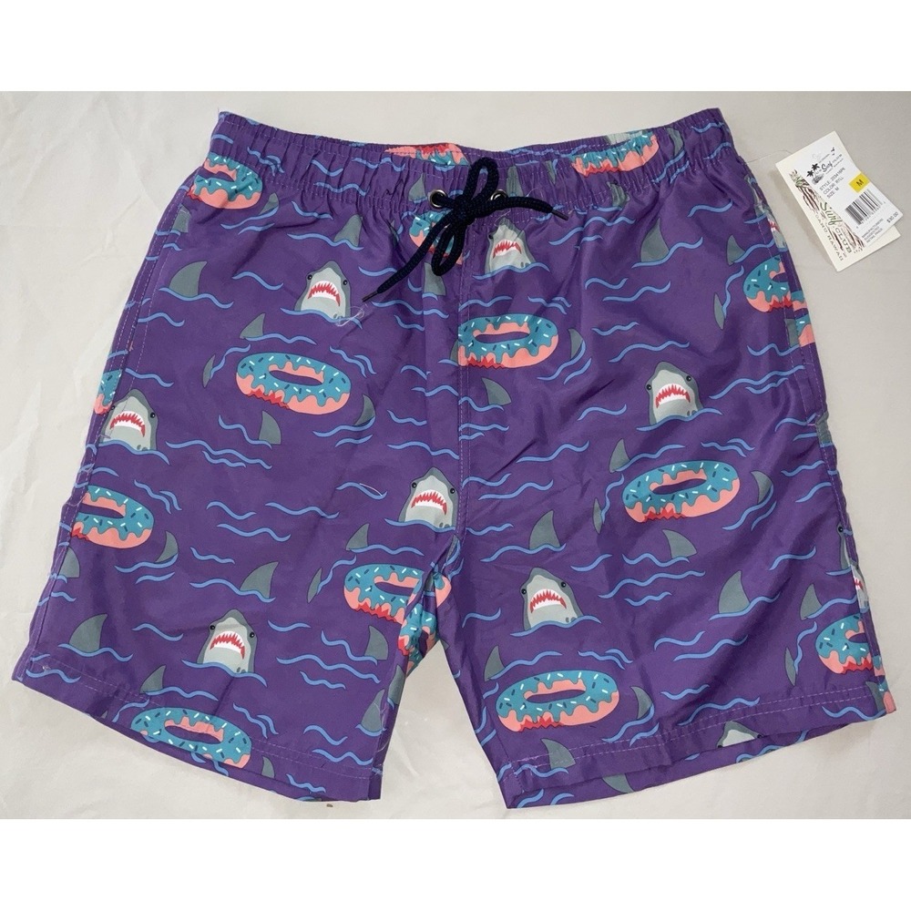 NWT Men's U.S. Surf Club‎ Oahu, Hawaii Shark Donut Floaty Purple Swim Trunks - M